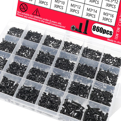 860pcs-miniature computer screw set, miniature eyeglass screws M1.2 M1.4 M1.7 M2 M2.5 M3, electronic screws for PCs and laptops