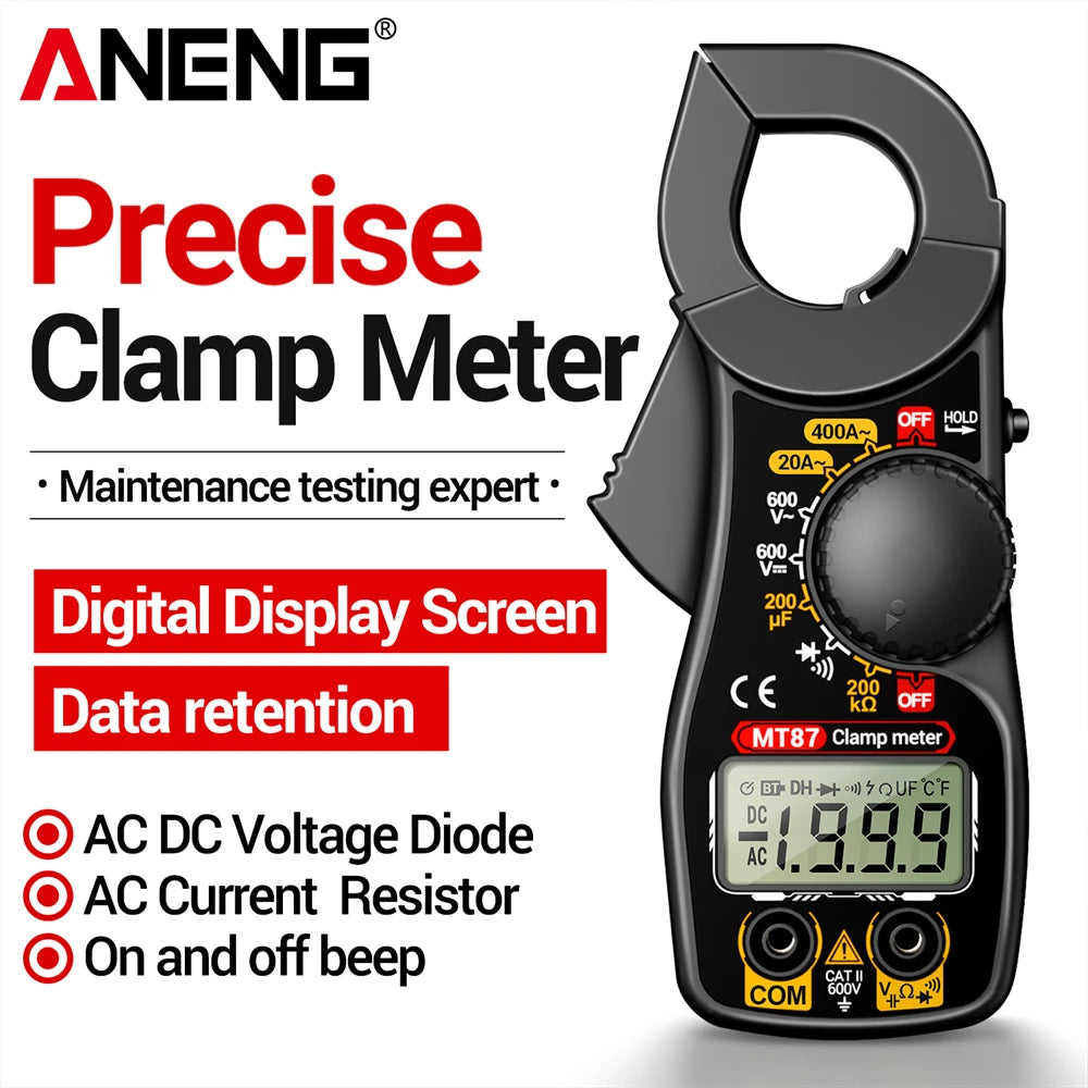 ANENG MT87 1999 Counts Clamp Multimeter AC/DC 600V Voltage 400A Current Resistance Tester with Data Hold Digital Clamp Meter