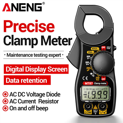 ANENG MT87 1999 Counts Clamp Multimeter AC/DC 600V Voltage 400A Current Resistance Tester with Data Hold Digital Clamp Meter