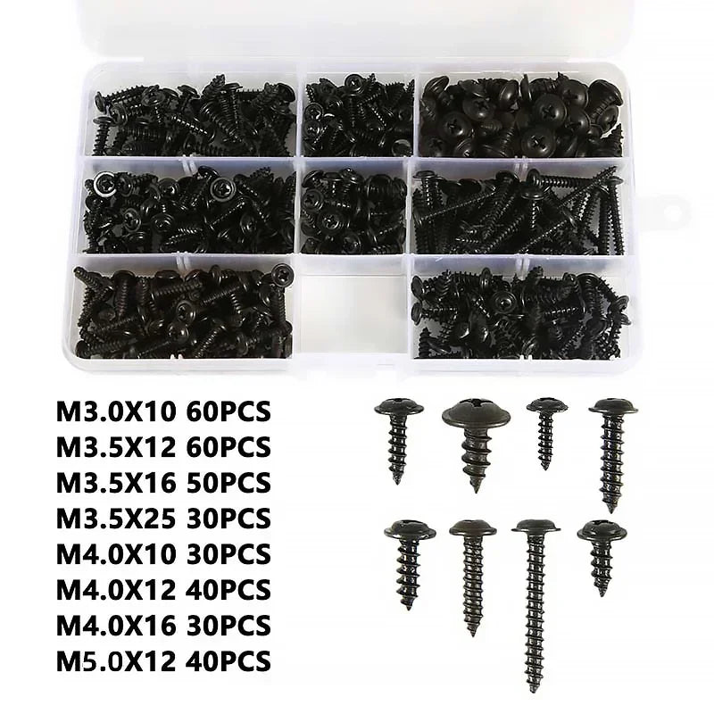 340Pcs Black Carbon Steel Self-Tapping Screw Assortment Kit Phillips Head Wood Screws Set M3 M3.5 M4 M5 Hardware Fasteners