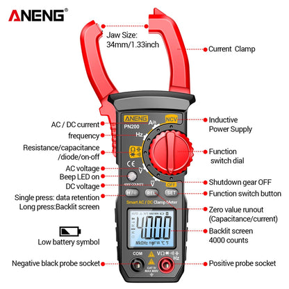 ANENG PN200 Digital Clamp Meter 4000 Counts 600A AC/DC Current Voltage Multimeter NCV Ohm Resistance Capacitance Tester