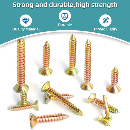 1350pcs Carbon Steel Phillips Wood Screws Assortment Kit, Flat-Head And Phillips Designs, Common Sizes M3.5/M4/M5/#8, Heavy Duty Self-Tapping Fasteners with Anti-Slip Matching Wrench, Sturdy Double Layer Storage Box, Hardware Supplies for Woodworking