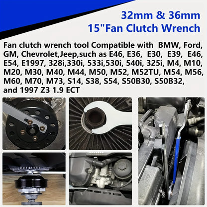 2Pcs Fan Clutch Removal Tool Kit, 32mm & 36mm Wrench Set with Water Pump Pulley Holder for BMW, Ford, GM, Dodge, Fan Clutch Tool