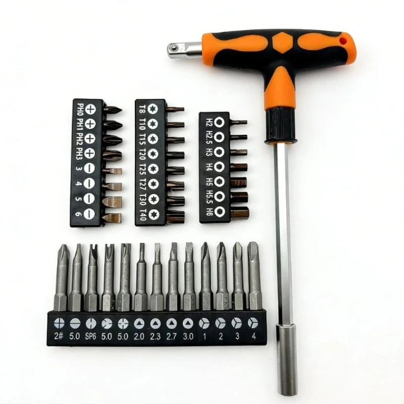 Multifunctional Screwdriver and Socket Set T-shape Handle Torx Hex Cross Flat Bits Household Repair Hand Tools for DIY