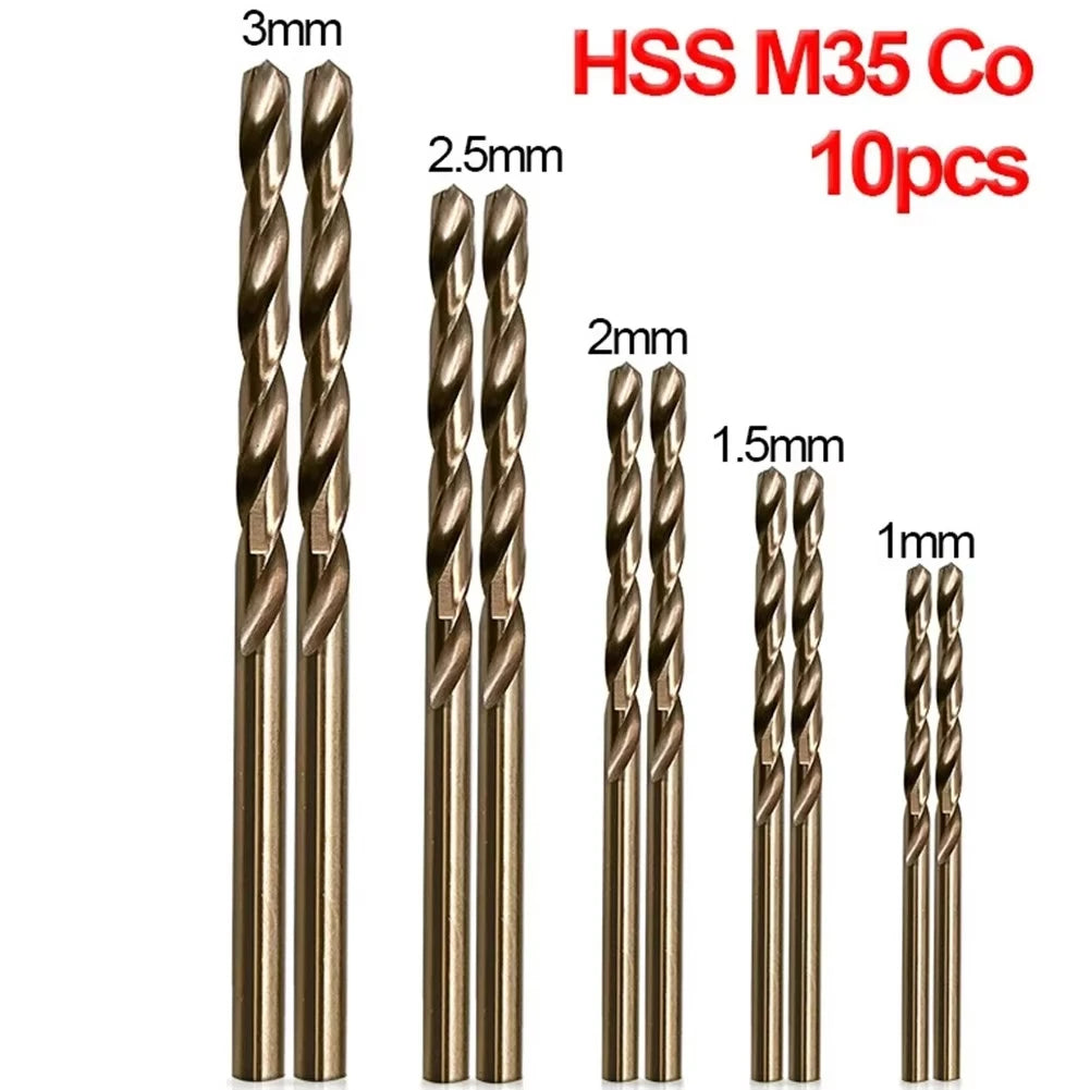 10pcs/set HSS M35 Cobalt Drill Bits 1-3mm for Metal/Stainless Steel - High-Speed Steel Cobalt Coated Drill Bits with Enhanced
