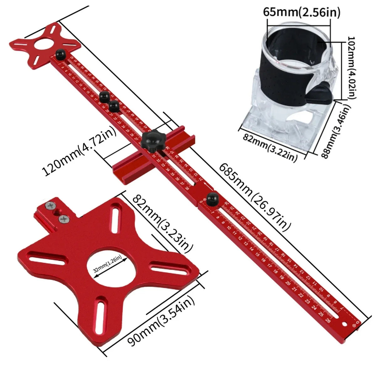 3-in-1 Aluminum Router Guide Jig, Adjustable Circle Cutting Tool for Woodworking, Multifunction Template for Cabinet Hardware
