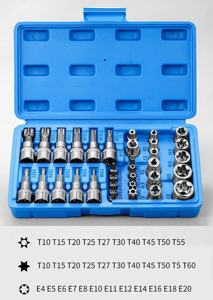 Professional 34pcs Torx Bit Socket & E-Torx Star Socket Set 1/4" 3/8" 1/2" Drive Male Female E-torx Bits Handheld Tool with Case