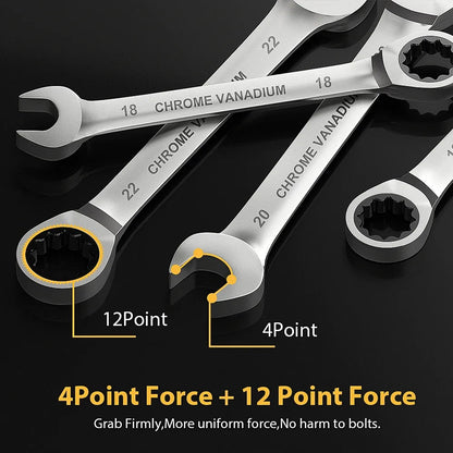 WEELEE Ratcheting Combination Wrench Set, Metric 6-19mm Auto Repair Key Wrenches,Spanner with Rolled Cloth Bags