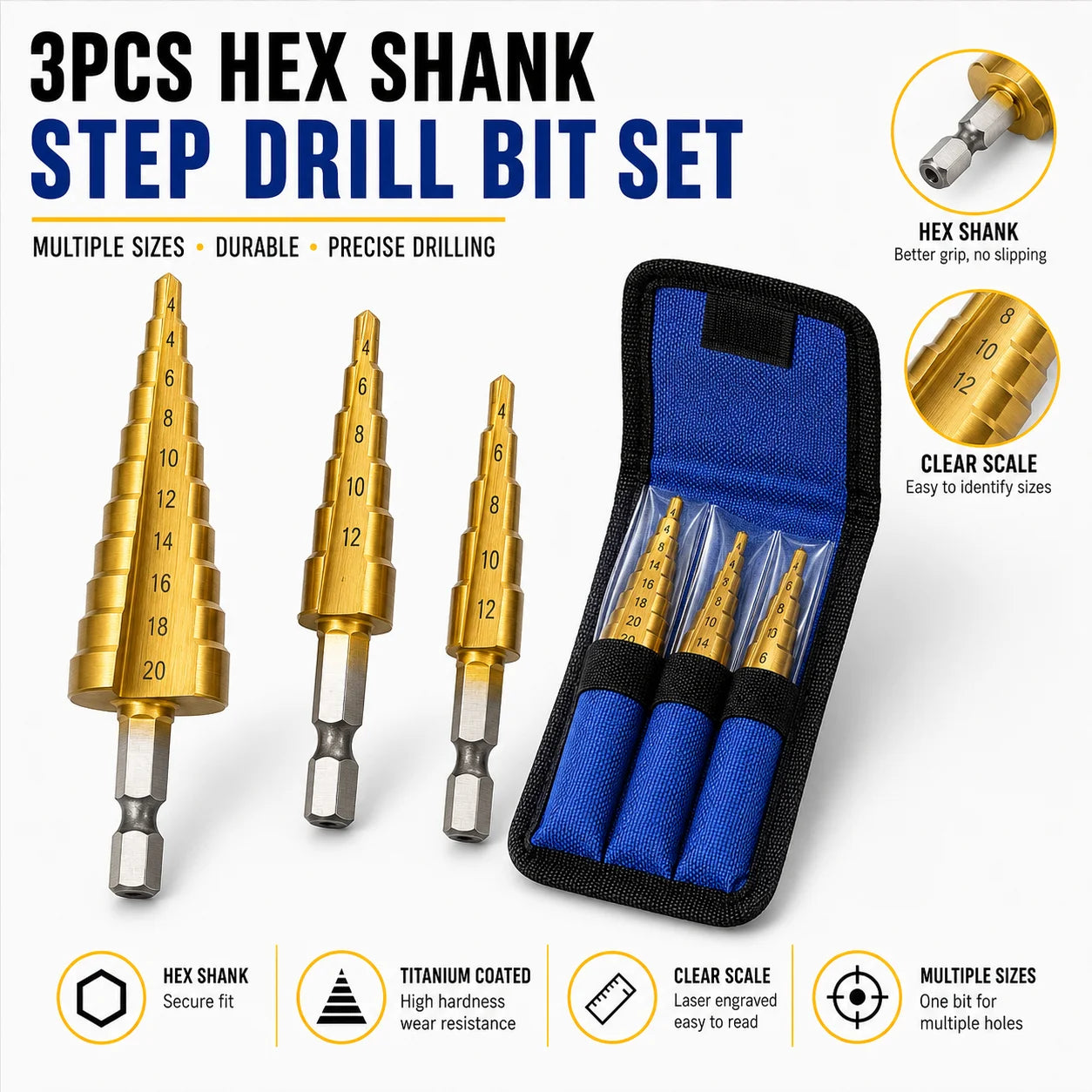 3pc HSS Step Drill Bit Set Cone Hole Cutter Taper Metric 4 - 12 / 20 / 32mm 1 / 4 'Titanium Coated Metal Hex Core Drill Bits