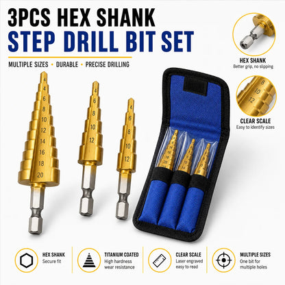3pc HSS Step Drill Bit Set Cone Hole Cutter Taper Metric 4 - 12 / 20 / 32mm 1 / 4 'Titanium Coated Metal Hex Core Drill Bits