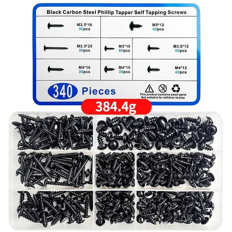 340Pcs Black Carbon Steel Self-Tapping Screw Assortment Kit Phillips Head Wood Screws Set M3 M3.5 M4 M5 Hardware Fasteners