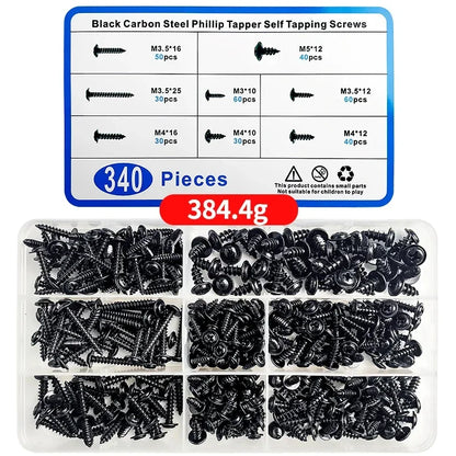 340Pcs Black Carbon Steel Self-Tapping Screw Assortment Kit Phillips Head Wood Screws Set M3 M3.5 M4 M5 Hardware Fasteners