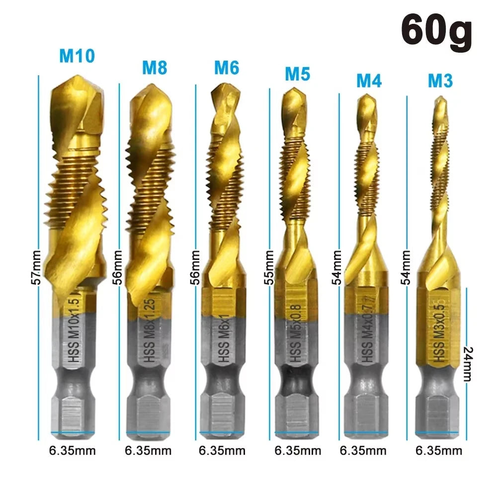 6PC High-Speed Steel 4341 Titanium Plated Composite Tap Drill And Tap Integrated Machine Tap Open Chamfer Tool Set