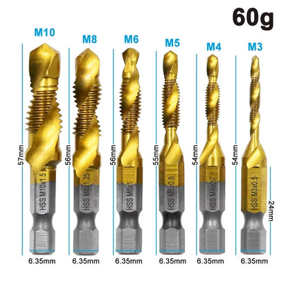 6PC High-Speed Steel 4341 Titanium Plated Composite Tap Drill And Tap Integrated Machine Tap Open Chamfer Tool Set