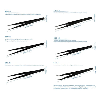 6 PCS Precision Tweezers Set ESD Anti-Static for Electronics Repair Straight Curved Industrial-Tweezer Craft Soldering Hand Tool
