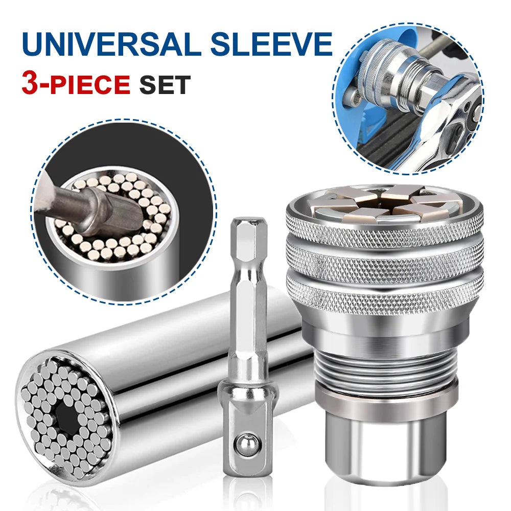 3Pcs Universal Sleeve Set All-Fitting Multi Drill Attachment Adjustable Hex Universal Socket 3/8" Drive Wrench Repair Tools