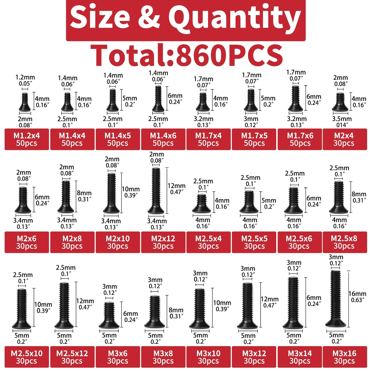 860 PCS Small Computer Screws Assortment Kit, Black Tiny Eyeglass Screws M1.2 M1.4 M1.7 M2 M2.5 M3, PC & Laptop SSD Hard Drive C