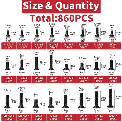 860 PCS Small Computer Screws Assortment Kit, Black Tiny Eyeglass Screws M1.2 M1.4 M1.7 M2 M2.5 M3, PC & Laptop SSD Hard Drive C