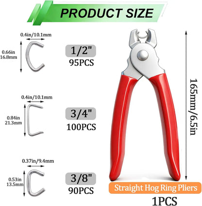 Hog Ring Pliers Kit with Galvanized Rings for Animal Pet Cages Furniture Ropes Bagging Auto Upholstery DIY Repair Tool