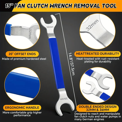 2Pcs Fan Clutch Removal Tool Kit, 32mm & 36mm Wrench Set with Water Pump Pulley Holder for BMW, Ford, GM, Dodge, Fan Clutch Tool