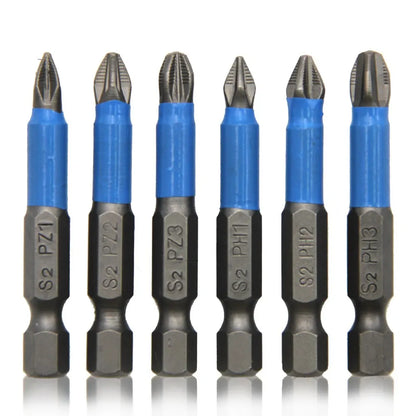 6Pcs Hex Shank Screwdriver Bit Set PH1 PH2 PH3 PZ1 PZ2 PZ3 S2 Steel Anti Skid Cross Head for Woodworking Repair