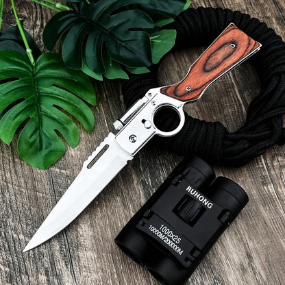 Multifunctional Folding Knife with LED Light 5Cr13Mov Blade Color Wood Handle Equipped with Pocket Clip Outdoor Hiking Portable Tool