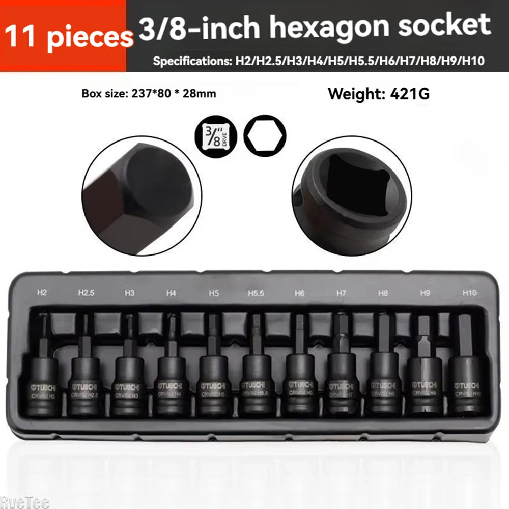 3/8 Inch Hexagonal Socket Set Metal Vanadium Alloy Steel Torx Tool Socket Head for Manual Wrench
