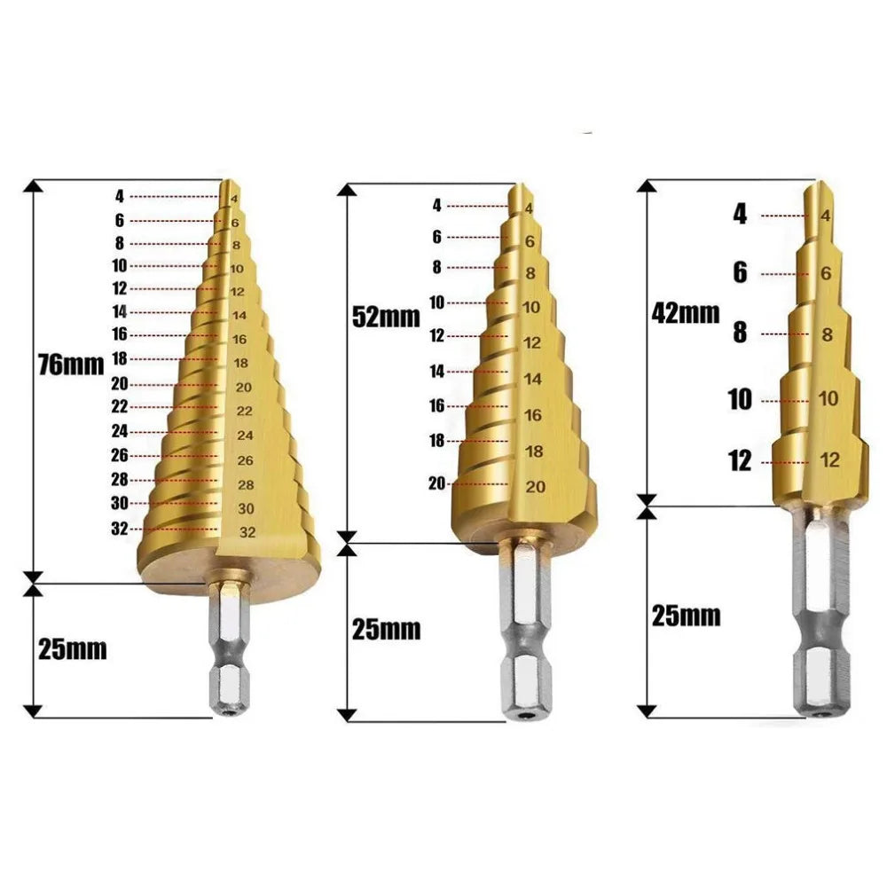 3pc HSS Step Drill Bit Set Cone Hole Cutter Taper Metric 4 - 12 / 20 / 32mm 1 / 4 'Titanium Coated Metal Hex Core Drill Bits
