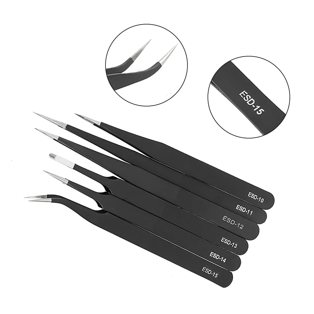 6Pcs Antistatic Stainless Steel Tweezers Precision Repair Curved Hand Tools