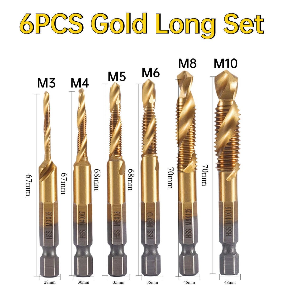 6Pcs HSS Drill Tap Set High Speed Combination Drill and Tapping Tool for Drilling Tapping Threading M3 M4 M5 M6 M8 M10 Drill Bit