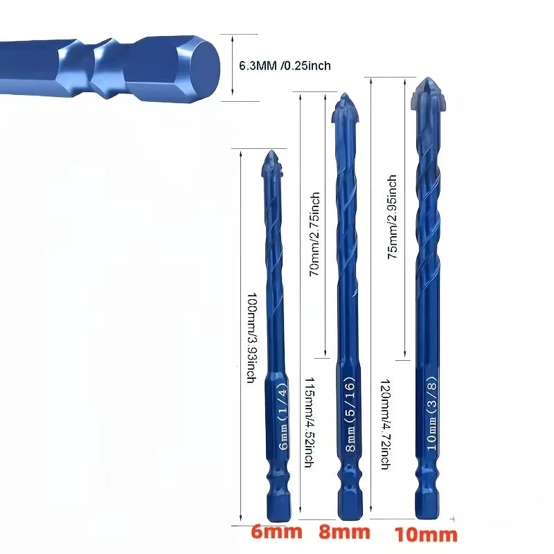 3-Pack Tungsten Carbide Masonry Drill Bits, Hex Shank Serrated Bit for Tile Glass Brick Concrete Ceramic Wood Drilling