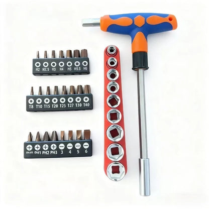 Screwdriver Set with T-Shape Cross and Straight Slot Hexagon and Plum-Shaped Heads Plus Socket Set for DIY Lovers