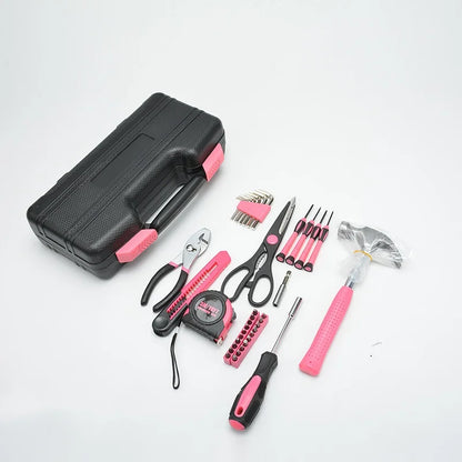 39Pcs Pink Household Hand Tool Kit, Hardware Repair Tool Box with Hammer Pliers Screwdriver Tape Measure Scissors for Home DIY