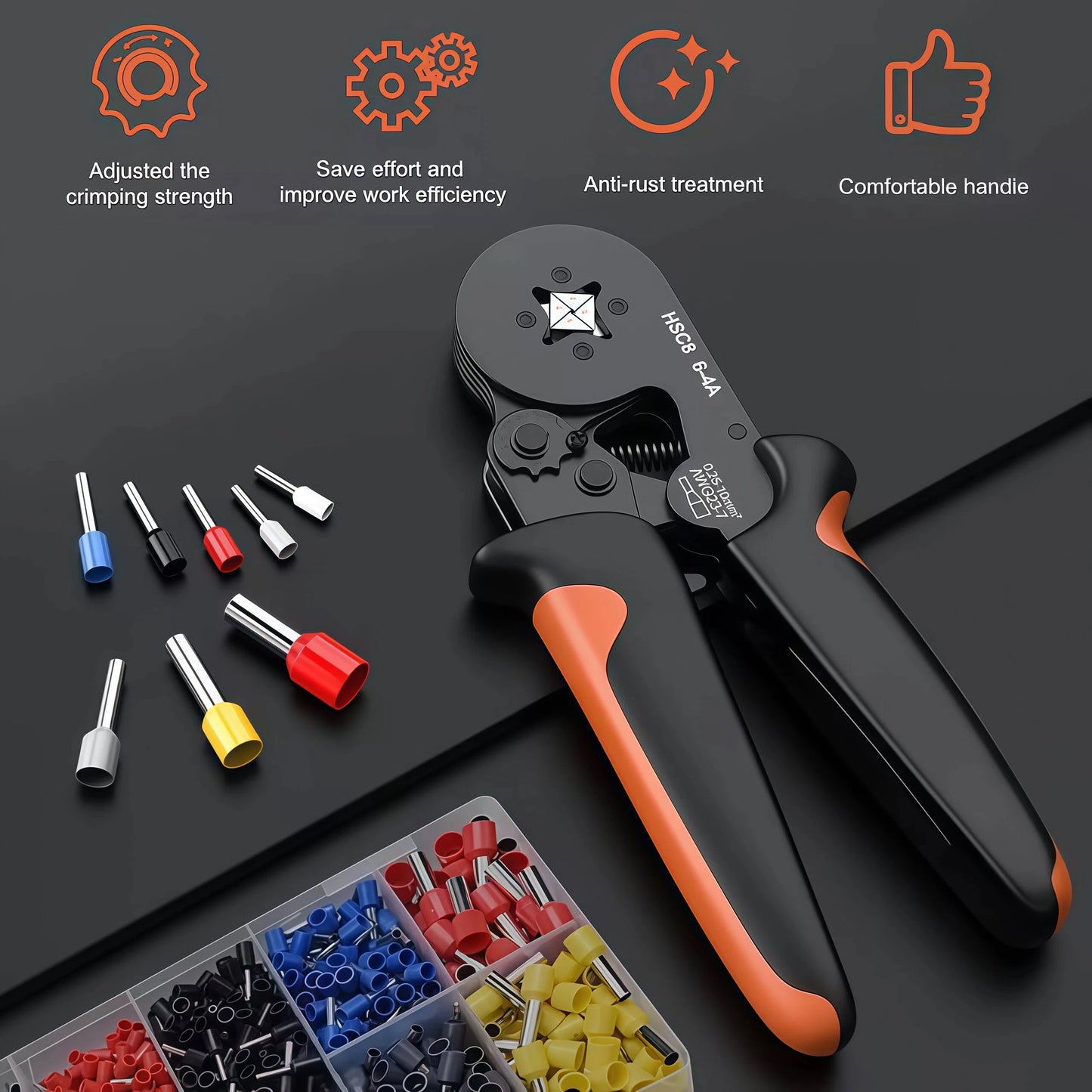 HSC8 6-4 Hexagonal Crimping Pliers with 300 PCS Multi-Specification Insulated Wire Ferrules Terminals Box Kit for Electrical Wir