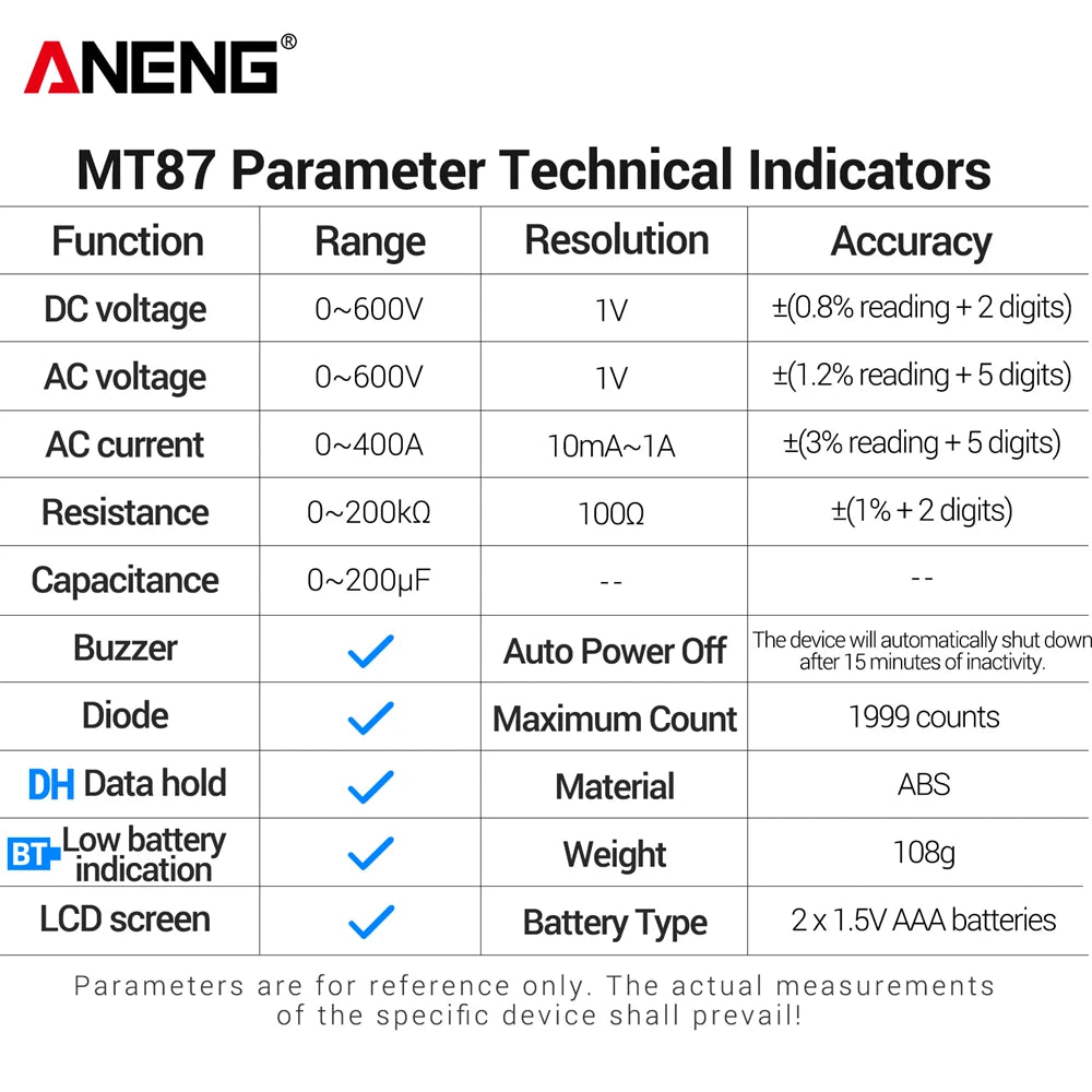 ANENG MT87 1999 Counts Clamp Multimeter AC/DC 600V Voltage 400A Current Resistance Tester with Data Hold Digital Clamp Meter