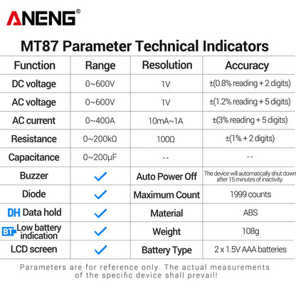 ANENG MT87 1999 Counts Clamp Multimeter AC/DC 600V Voltage 400A Current Resistance Tester with Data Hold Digital Clamp Meter