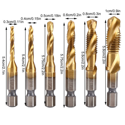 Metric Thread M3-M10 Titanium Coated HSS Drill and Tap Bits 1/4" Hex Shank Screw Taps Tool Set Thread Tap Tool Tapping Tool