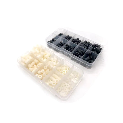 200pcs/set M3 M4 10 Sizes Black White ABS Nylon Plastic Non-Threaded Spacer Hollow Standoff Washer Set Box Assortment Kit