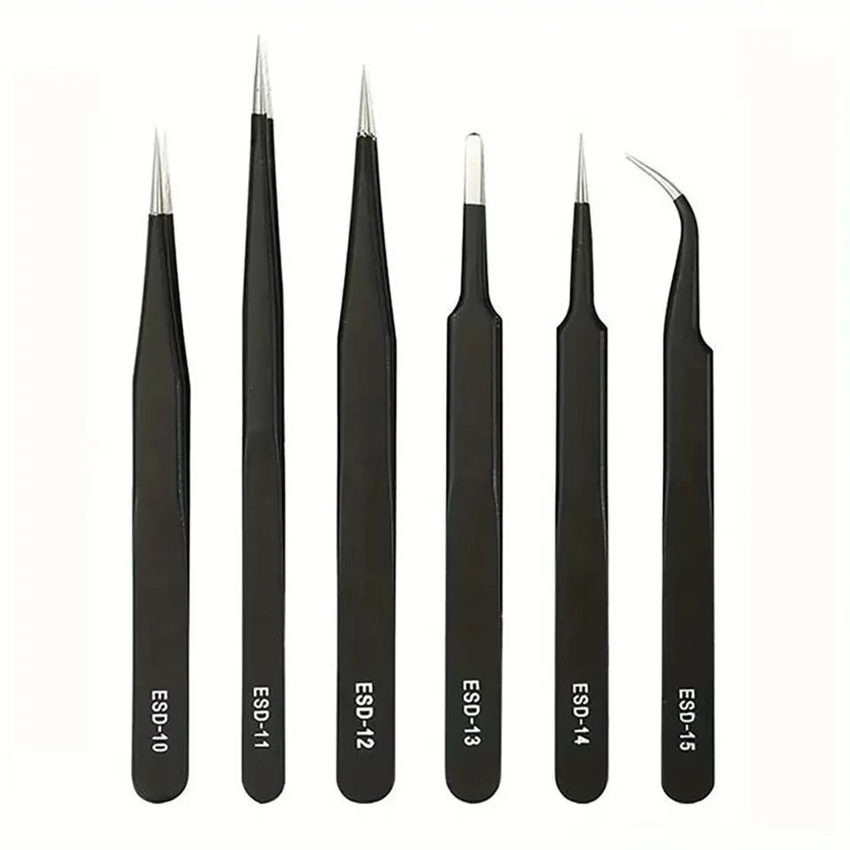 6Pcs Antistatic Stainless Steel Tweezers Precision Repair Curved Hand Tools