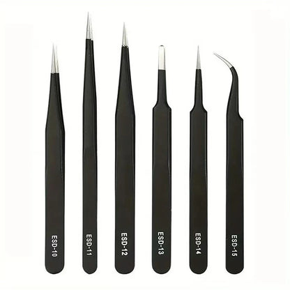 6Pcs Antistatic Stainless Steel Tweezers Precision Repair Curved Hand Tools