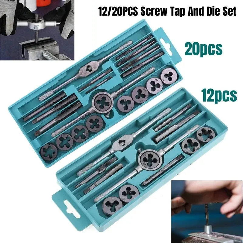 TINSOL Tap and Die Set Multifunction 12/20PcsM3-M12Metric Screw Thread Plugs Hand Screw Taps Straight Taper Tapping Thread Tools