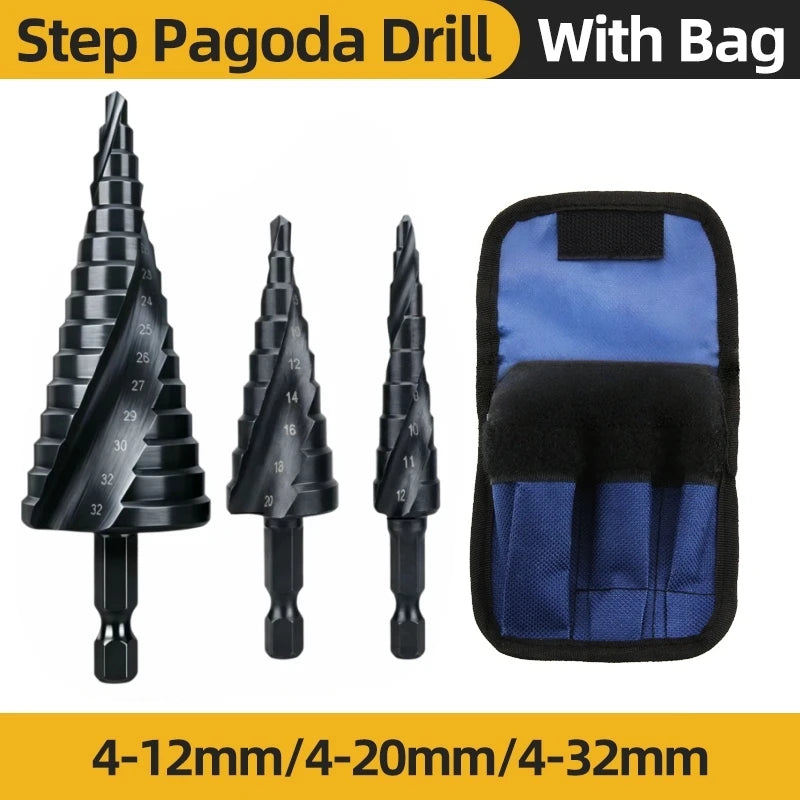 4-12/4-20/4-32mm Spiral Grooved Step Drill Bits HSS Titanium Coated Drill Hex Shank Cutting Tool for Wood, Stainless Steel,Metal