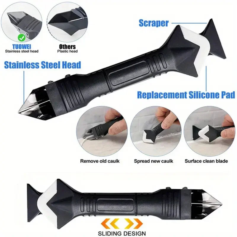 1 Set 3-in-1 Silicone Caulking Tool - Stainless Steel Head for Sealing, Cleaning & Scraping, Ergonomic Plastic Handle
