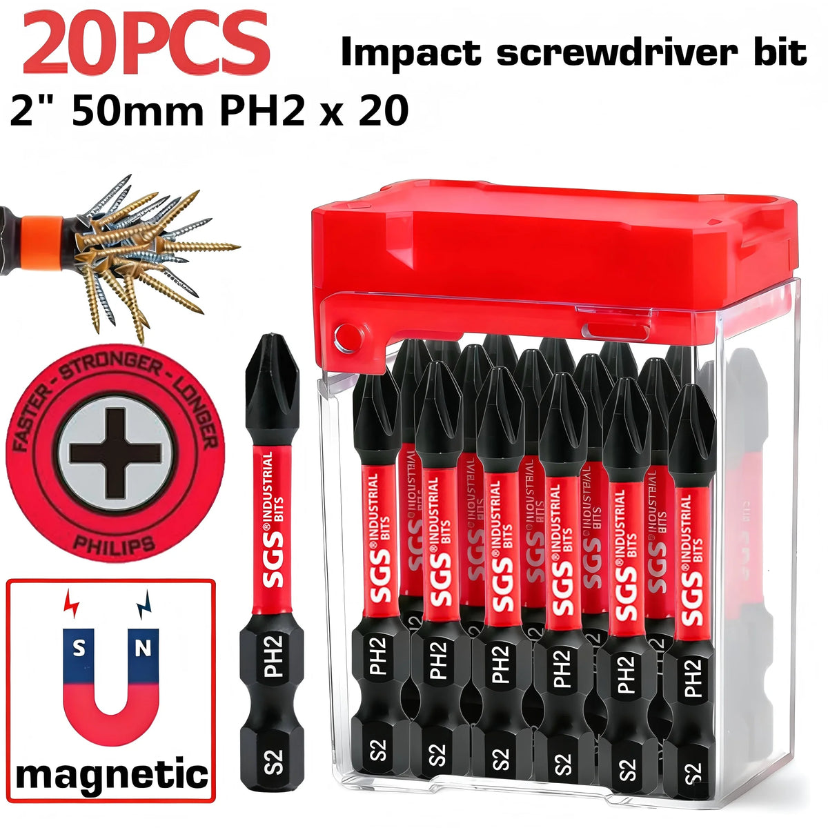 10/20 Pieces of S2 Alloy Tool Steel Bits, Super Strong Magnetic Ph2, 50mm Standard Length, Rust-Resistant, Wear-Resistant, Impact-Resistant, Portable in a Box, a Complete Set for Multi-Scenario Repairs and Assembly