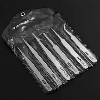 6PCS stainless steel tweezers, anti-static precision straight head bending function, DIY tool for mobile phone jewelry repair