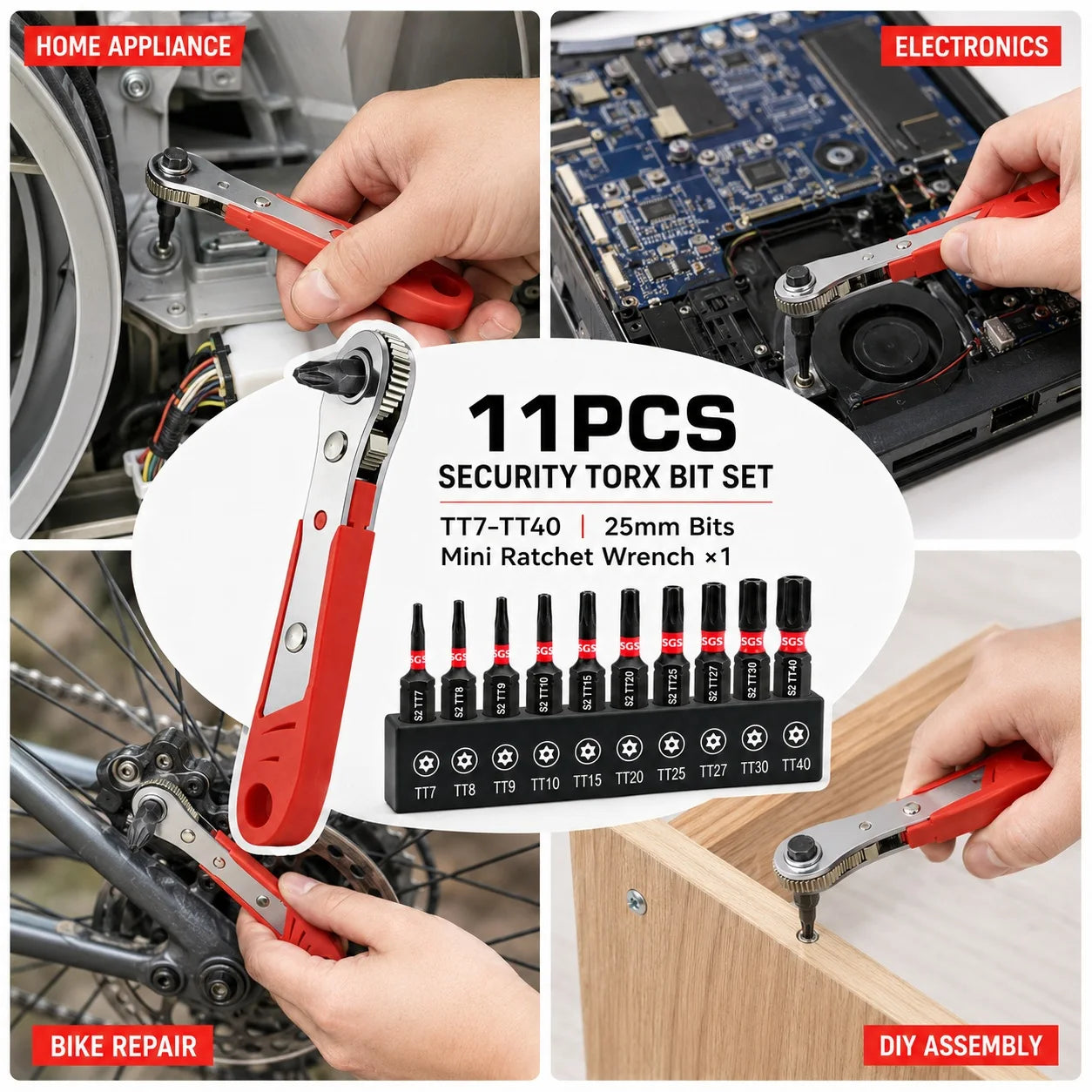 11Pcs Security Torx Bit Set TT7-TT40 25mm S2 Steel Tamper Proof Star Bits with Mini Ratchet Wrench 1/4 Inch Hex Shank for Electronics Auto Bike Repair