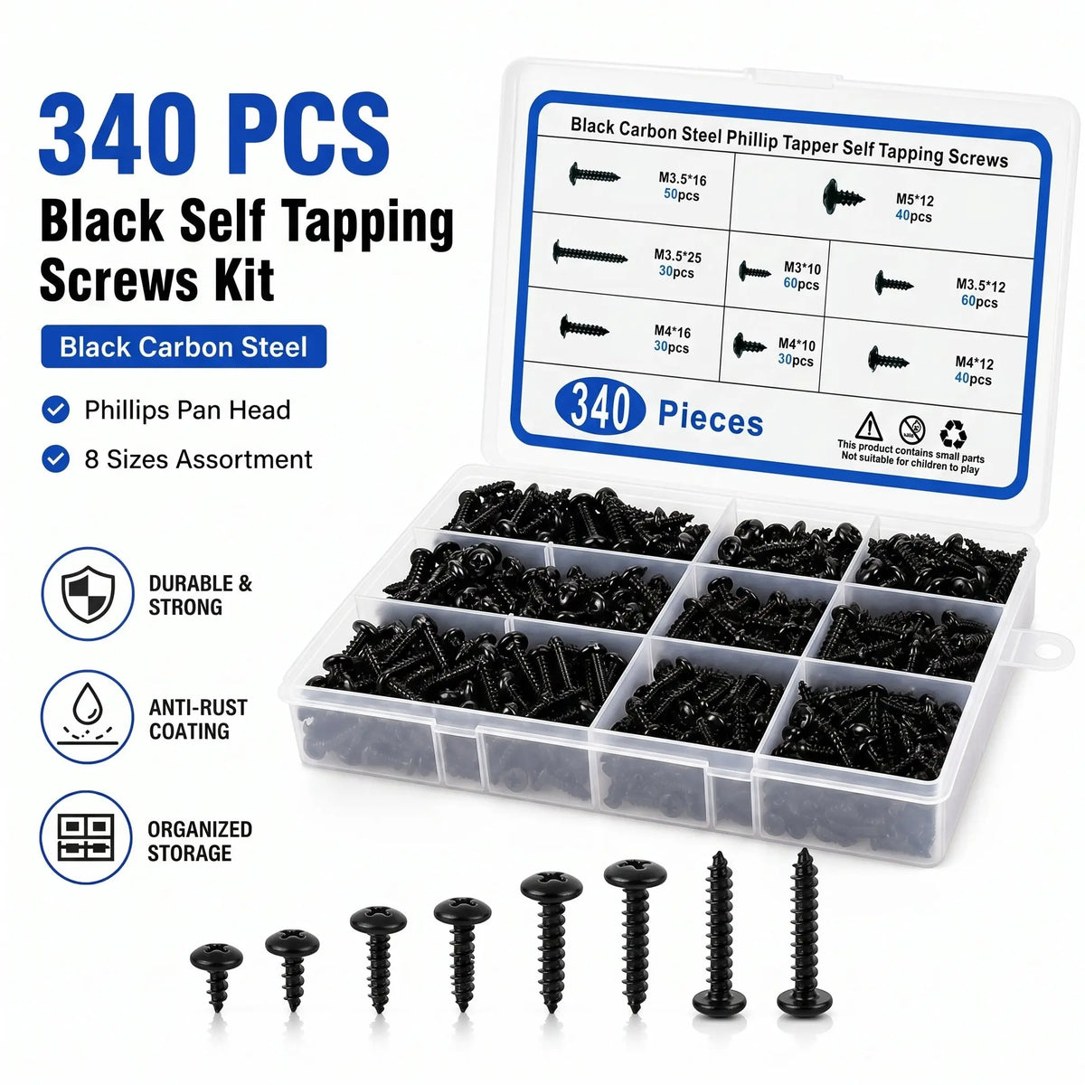 340PCS Black Carbon Steel Self-Tapping Screws Assortment Kit M3 M3.5 M4 M5 Phillips Head Wood Screw Set Hardware Fasteners