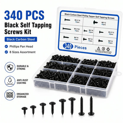 340PCS Black Carbon Steel Self-Tapping Screws Assortment Kit M3 M3.5 M4 M5 Phillips Head Wood Screw Set Hardware Fasteners