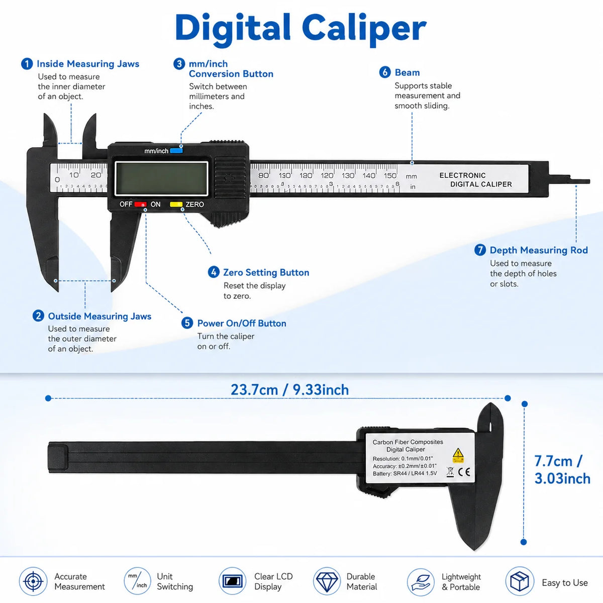 0-150mm Dual Unit Carbon Fiber Digital Vernier Caliper,MM/Inch, Inner&Outer Diameter Measuring Tool for Jewelry and Hardware