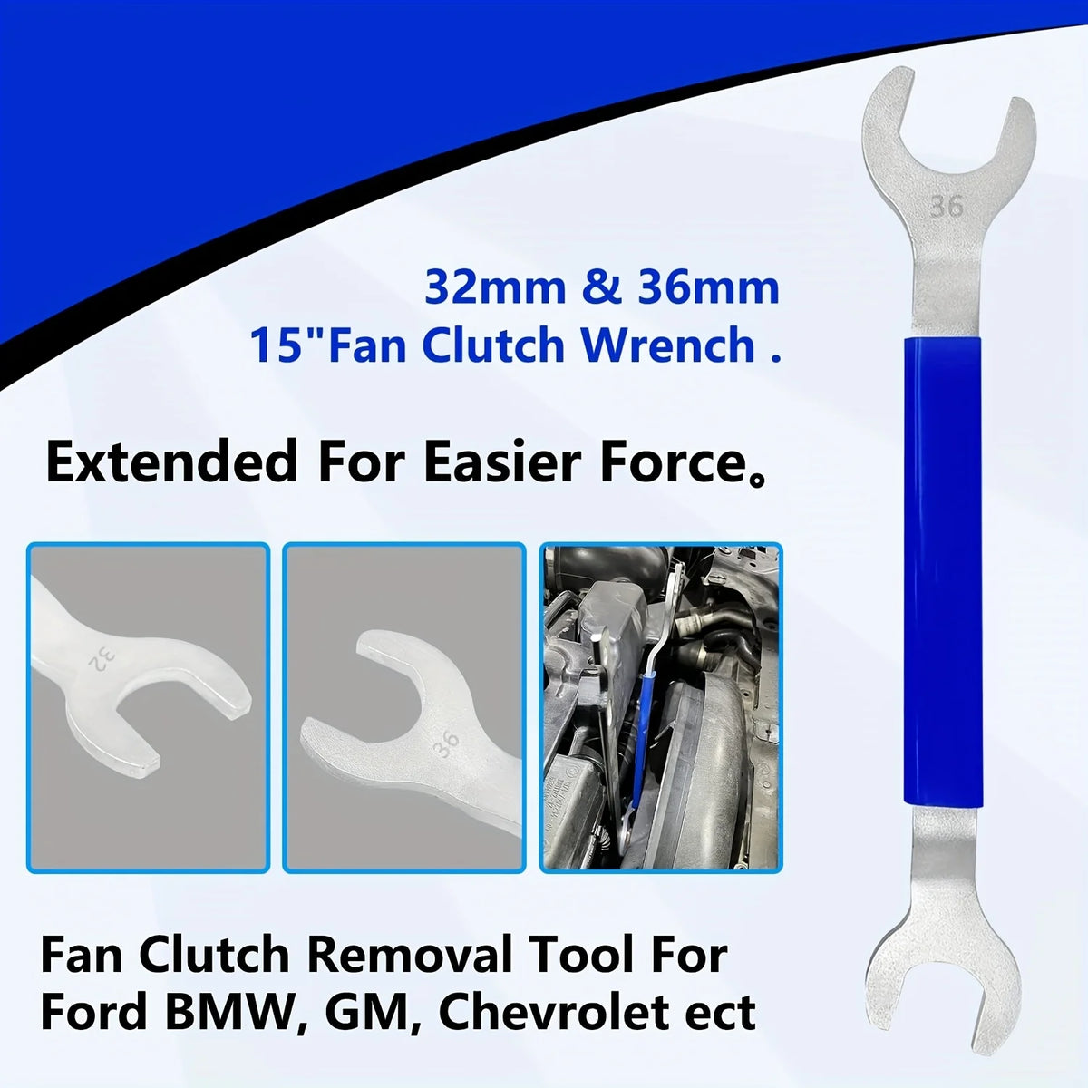2Pcs Fan Clutch Removal Tool Kit, 32mm & 36mm Wrench Set with Water Pump Pulley Holder for BMW, Ford, GM, Dodge, Fan Clutch Tool